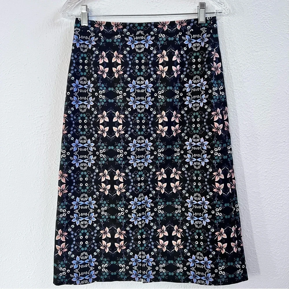 J Crew black mirrored floral midi skirt